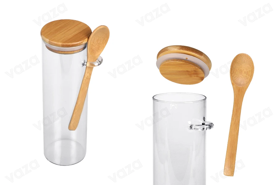 Βάζο 550 ml γυάλινο, στρογγυλό 65x200 mm με κουταλάκι και ξύλινο καπάκι Βάζο 550 ml γυάλινο, στρογγυλό 65x200 mm με κουταλάκι και ξύλινο καπάκι-εικόνα_προϊοντική