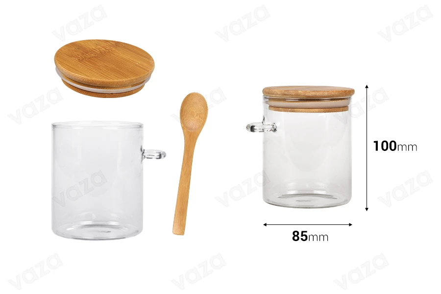 Pot rond en verre de 450ml 85 x 100 mm avec cuillère et couvercle en bois Pot rond en verre de 450ml 85 x 100 mm avec cuillère et couvercle en bois-εικόνα_διαστάσεις