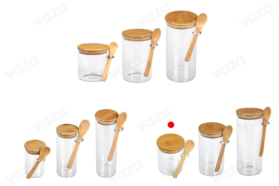 Pot rond en verre de 450ml 85 x 100 mm avec cuillère et couvercle en bois Pot rond en verre de 450ml 85 x 100 mm avec cuillère et couvercle en bois-εικόνα_σύνθεση