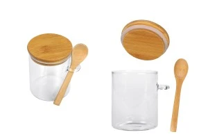 Βάζο 450 ml γυάλινο, στρογγυλό 85x100 mm με κουταλάκι και ξύλινο καπάκι-1