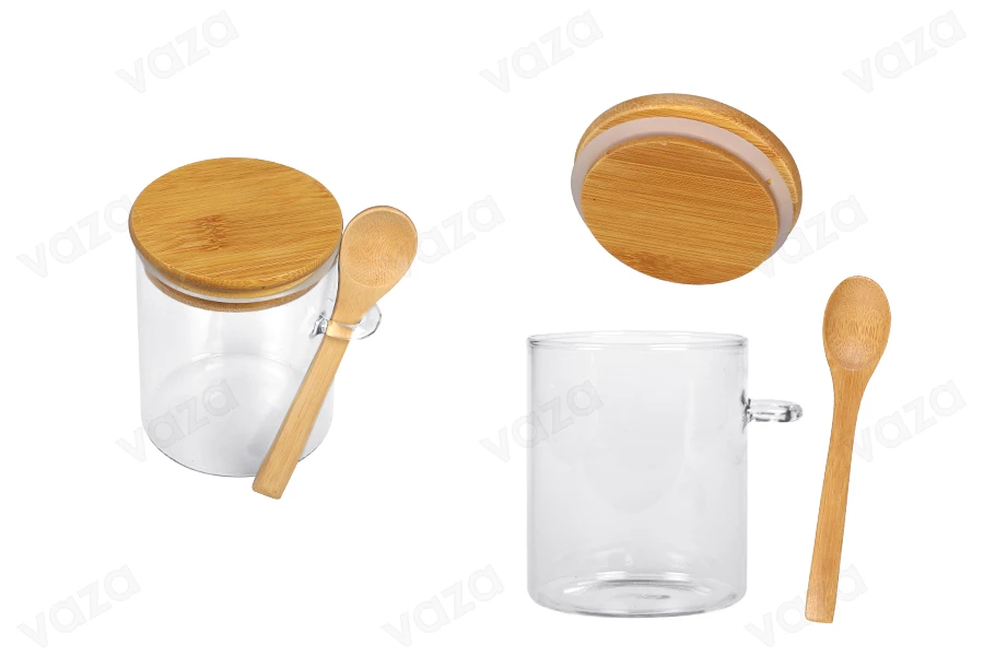 Pot rond en verre de 450ml 85 x 100 mm avec cuillère et couvercle en bois Pot rond en verre de 450ml 85 x 100 mm avec cuillère et couvercle en bois-εικόνα_προϊοντική