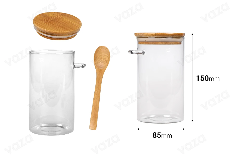 700ml Glasgefäß, rund 85x150 mm mit Löffel und Holzdeckel 700ml Glasgefäß, rund 85x150 mm mit Löffel und Holzdeckel-bildabmessungen