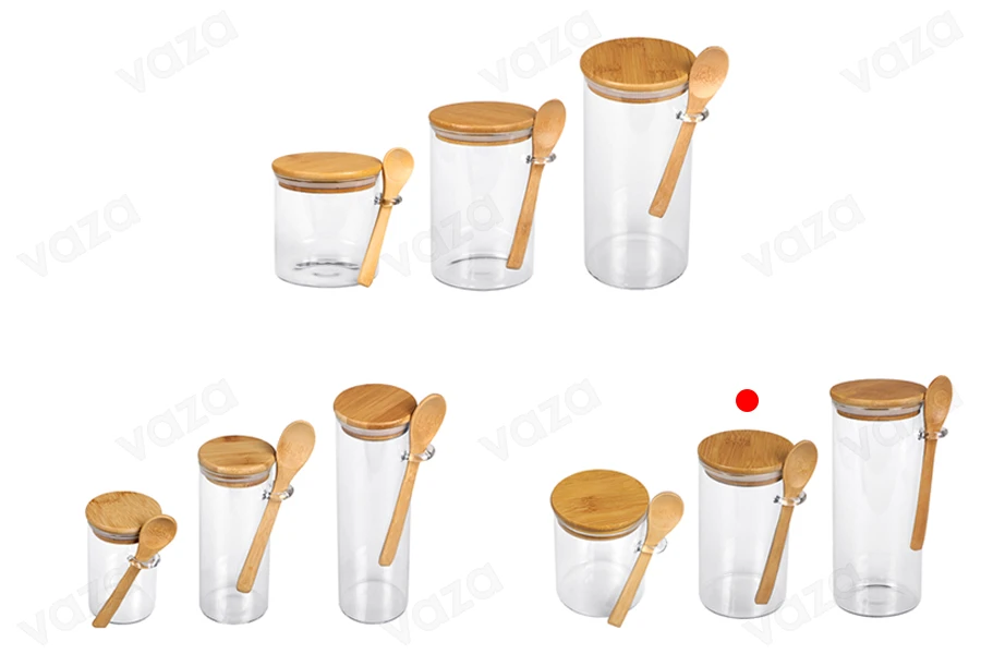 700ml Glasgefäß, rund 85x150 mm mit Löffel und Holzdeckel 700ml Glasgefäß, rund 85x150 mm mit Löffel und Holzdeckel-bildgruppe