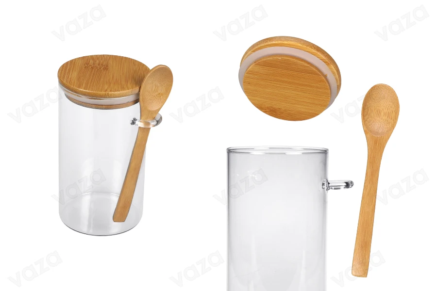 700ml Glasgefäß, rund 85x150 mm mit Löffel und Holzdeckel 700ml Glasgefäß, rund 85x150 mm mit Löffel und Holzdeckel-produktbild