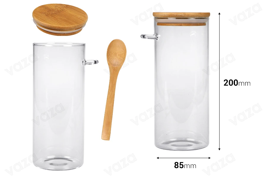 Barattolo da 1000 ml in vetro, tondo 85x200 mm con cucchiaino e tappo in legno-dimensioni_immagine