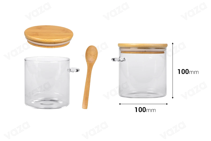 Βαζάκι 600 ml γυάλινο, στρογγυλό 100x100 mm με κουταλάκι και ξύλινο καπάκι Βαζάκι 600 ml γυάλινο, στρογγυλό 100x100 mm με κουταλάκι και ξύλινο καπάκι-εικόνα_διαστάσεις