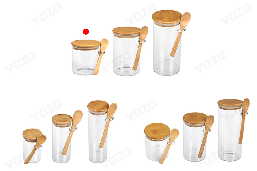 Βαζάκι 600 ml γυάλινο, στρογγυλό 100x100 mm με κουταλάκι και ξύλινο καπάκι Βαζάκι 600 ml γυάλινο, στρογγυλό 100x100 mm με κουταλάκι και ξύλινο καπάκι-εικόνα_σύνθεση
