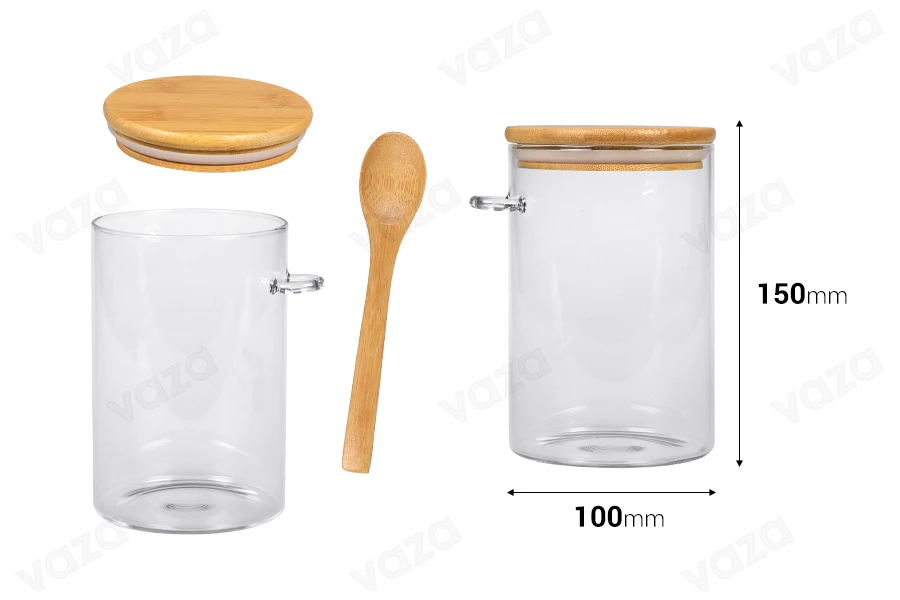 1000 ml Glasgefäß, rund 100x150 mm mit Löffel und Holzdeckel-bildabmessungen