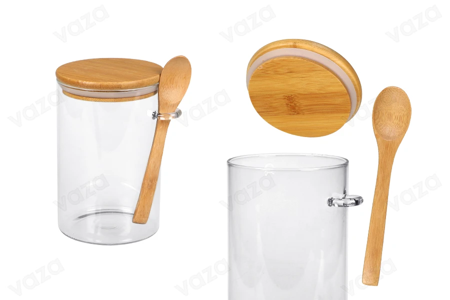 1000 ml Glasgefäß, rund 100x150 mm mit Löffel und Holzdeckel-produktbild