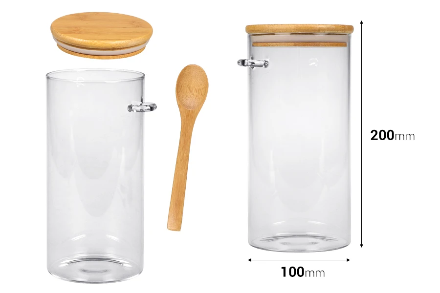 Βάζο 1300 ml γυάλινο, στρογγυλό 100x200 mm με κουταλάκι και ξύλινο καπάκι Βάζο 1300 ml γυάλινο, στρογγυλό 100x200 mm με κουταλάκι και ξύλινο καπάκι