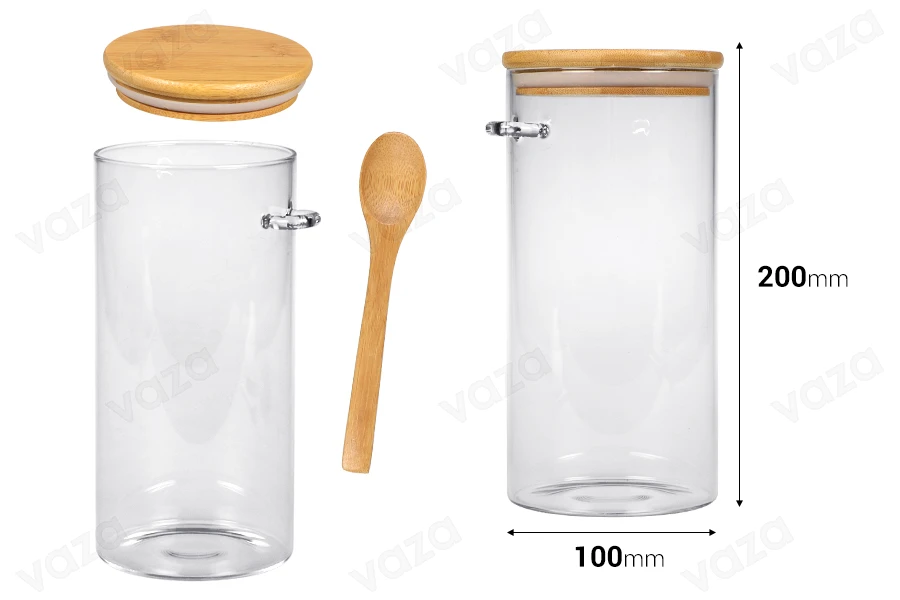 1300 ml round glass jar with spoon and rubber sealed wooden lid in size 100x200mm 1300 ml round glass jar with spoon and rubber sealed wooden lid in size 100x200mm-image_dimensions