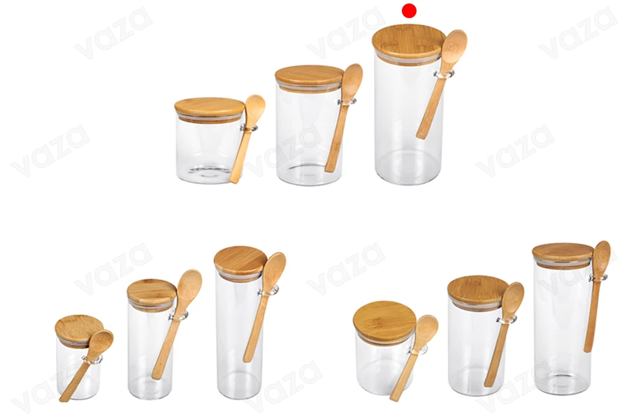 1300 ml round glass jar with spoon and rubber sealed wooden lid in size 100x200mm 1300 ml round glass jar with spoon and rubber sealed wooden lid in size 100x200mm-image_group