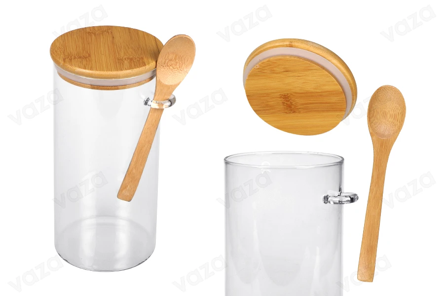 1300 ml round glass jar with spoon and rubber sealed wooden lid in size 100x200mm 1300 ml round glass jar with spoon and rubber sealed wooden lid in size 100x200mm-image_product