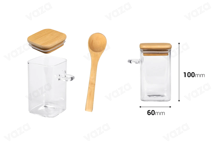 Βάζο 250 ml γυάλινο, τετράγωνο 60x100 mm με κουταλάκι και ξύλινο καπάκι-εικόνα_διαστάσεις