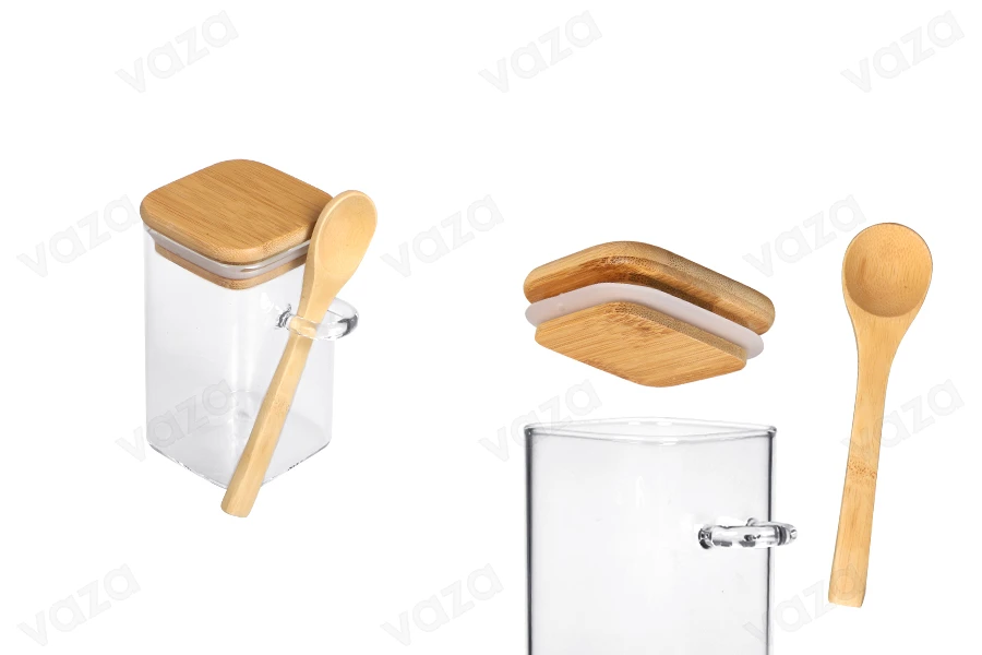 Βάζο 250 ml γυάλινο, τετράγωνο 60x100 mm με κουταλάκι και ξύλινο καπάκι-εικόνα_προϊοντική