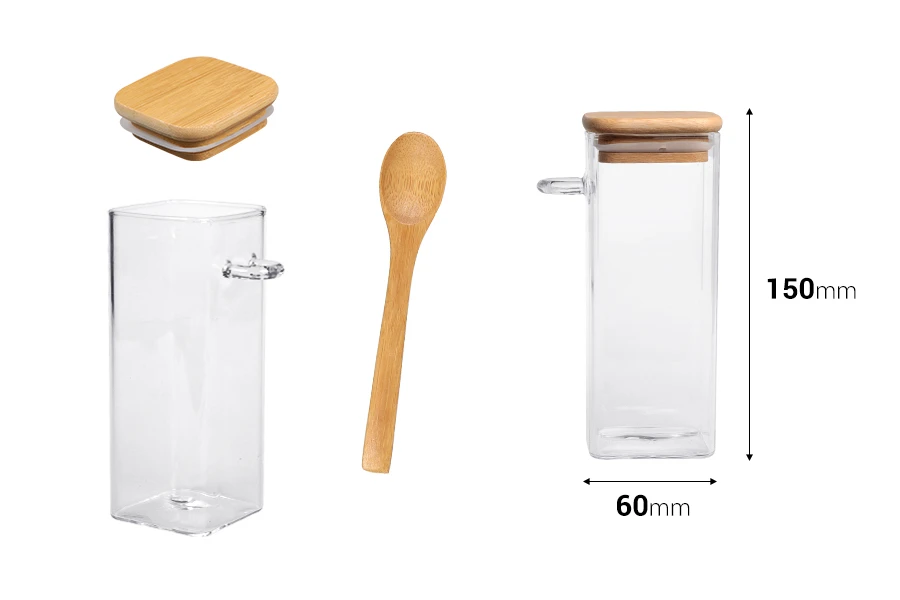 Βάζο 400 ml γυάλινο, τετράγωνο 60x150 mm με κουταλάκι και ξύλινο καπάκι Βάζο 400 ml γυάλινο, τετράγωνο 60x150 mm με κουταλάκι και ξύλινο καπάκι
