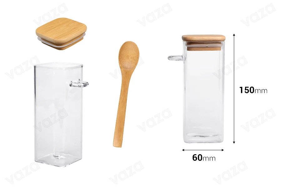 Kavanoz qelqi 400 ml, katror 60x150 mm me lugë dhe kapak druri Kavanoz qelqi 400 ml, katror 60x150 mm me lugë dhe kapak druri-imazh_dimensione