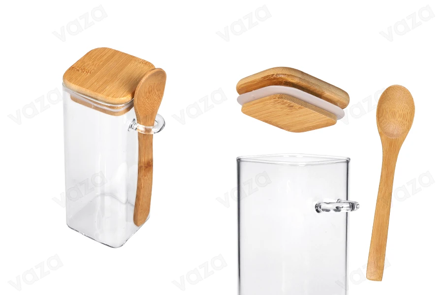 Kavanoz qelqi 400 ml, katror 60x150 mm me lugë dhe kapak druri Kavanoz qelqi 400 ml, katror 60x150 mm me lugë dhe kapak druri-imazh_produkt