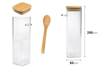 Βάζο 550 ml γυάλινο, τετράγωνο 60x200 mm με κουταλάκι και ξύλινο καπάκι Βάζο 550 ml γυάλινο, τετράγωνο 60x200 mm με κουταλάκι και ξύλινο καπάκι