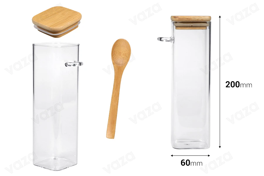 Kavanoz qelqi 550 ml, katror 60x200 mm me lugë dhe kapak druri Kavanoz qelqi 550 ml, katror 60x200 mm me lugë dhe kapak druri-imazh_dimensione