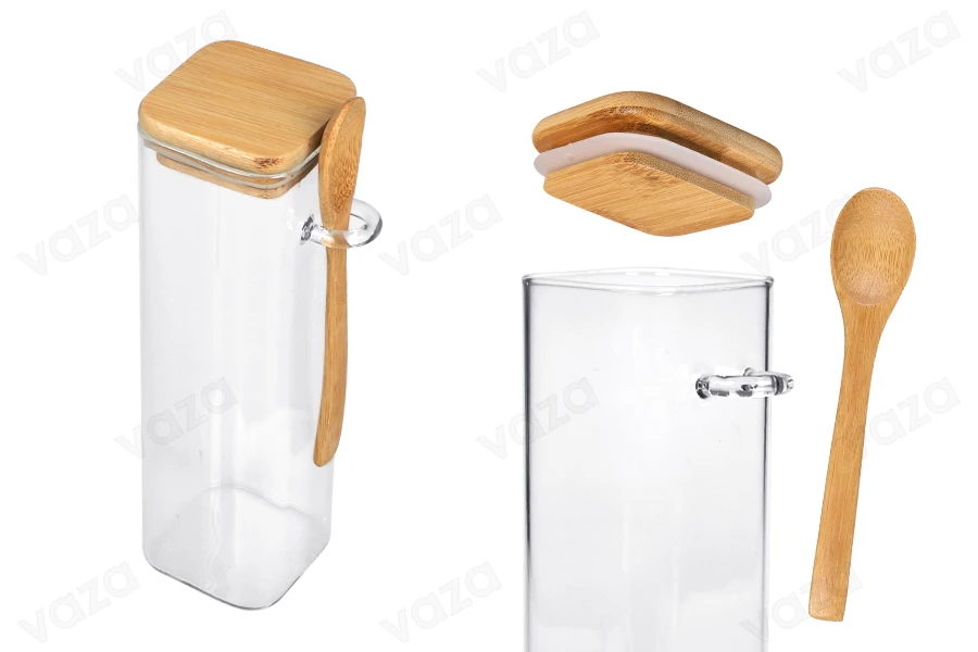 Kavanoz qelqi 550 ml, katror 60x200 mm me lugë dhe kapak druri Kavanoz qelqi 550 ml, katror 60x200 mm me lugë dhe kapak druri-imazh_produkt