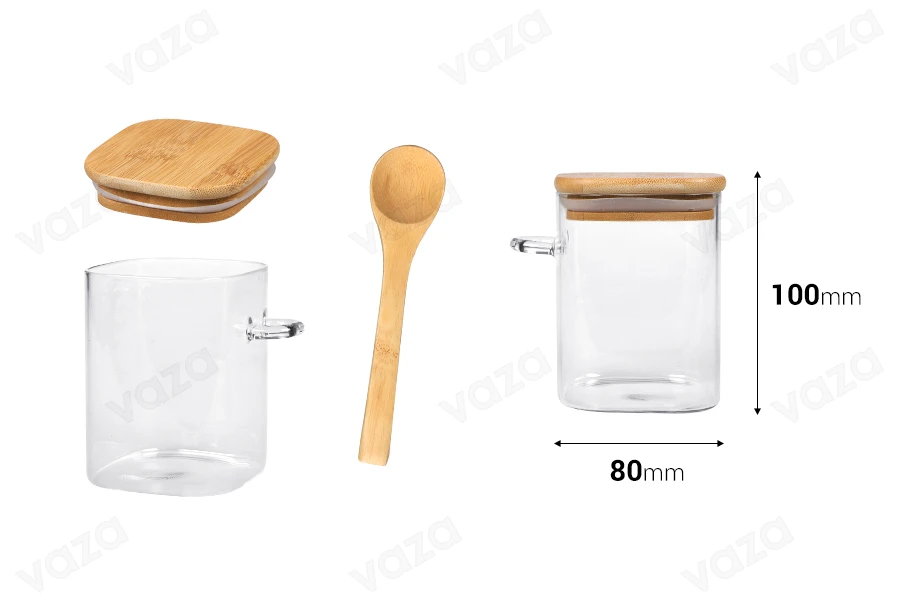 Βάζο 450 ml γυάλινο, τετράγωνο 80x100 mm με κουταλάκι και ξύλινο καπάκι Βάζο 450 ml γυάλινο, τετράγωνο 80x100 mm με κουταλάκι και ξύλινο καπάκι-εικόνα_διαστάσεις