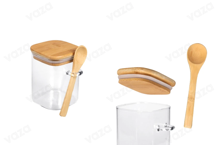 Βάζο 450 ml γυάλινο, τετράγωνο 80x100 mm με κουταλάκι και ξύλινο καπάκι Βάζο 450 ml γυάλινο, τετράγωνο 80x100 mm με κουταλάκι και ξύλινο καπάκι-εικόνα_προϊοντική