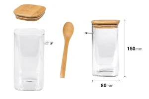 Βάζο 700 ml γυάλινο, τετράγωνο 80x150 mm με κουταλάκι και ξύλινο καπάκι-2