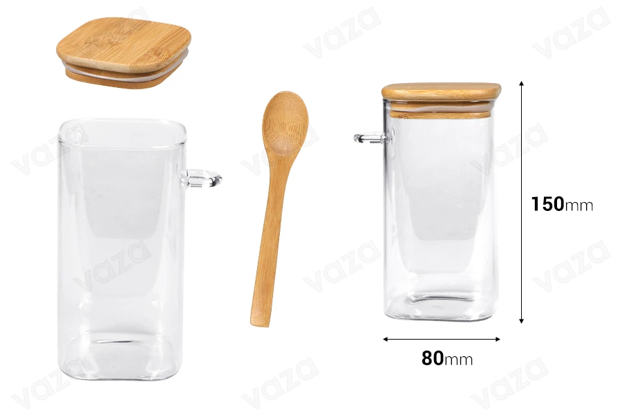Pot carré en verre de 2700ml 80 x 150 mm avec cuillère et couvercle en bois Pot carré en verre de 2700ml 80 x 150 mm avec cuillère et couvercle en bois-εικόνα_διαστάσεις