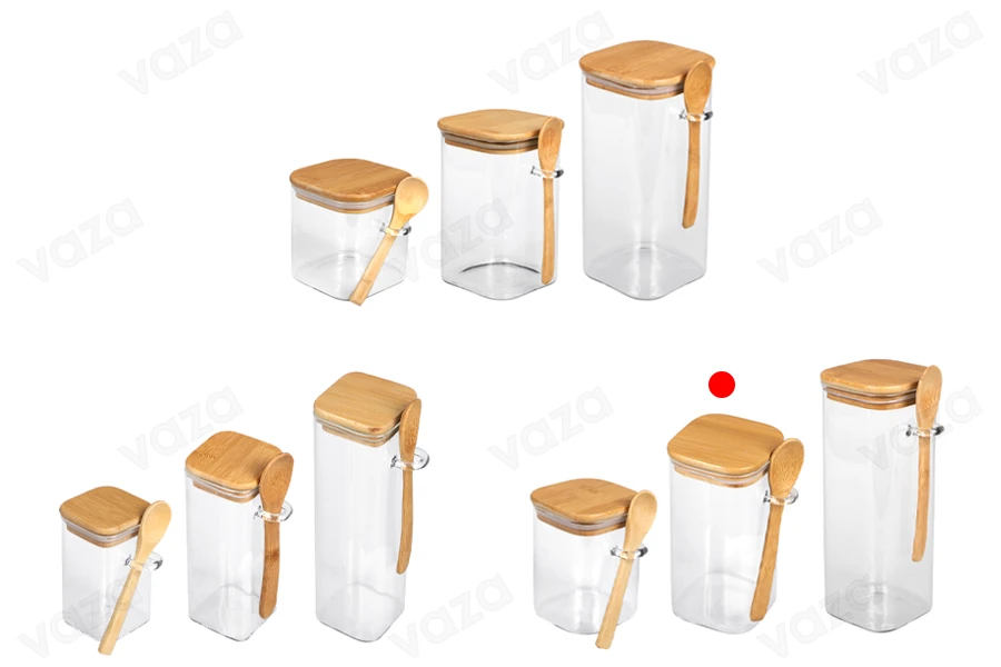 Pot carré en verre de 2700ml 80 x 150 mm avec cuillère et couvercle en bois Pot carré en verre de 2700ml 80 x 150 mm avec cuillère et couvercle en bois-εικόνα_σύνθεση