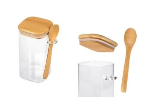 Βάζο 700 ml γυάλινο, τετράγωνο 80x150 mm με κουταλάκι και ξύλινο καπάκι-1