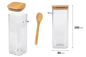 Βάζο 900 ml γυάλινο, τετράγωνο 80x200 mm με κουταλάκι και ξύλινο καπάκι-2