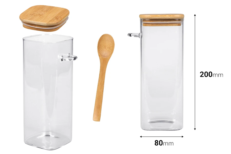 Βάζο 900 ml γυάλινο, τετράγωνο 80x200 mm με κουταλάκι και ξύλινο καπάκι Βάζο 900 ml γυάλινο, τετράγωνο 80x200 mm με κουταλάκι και ξύλινο καπάκι