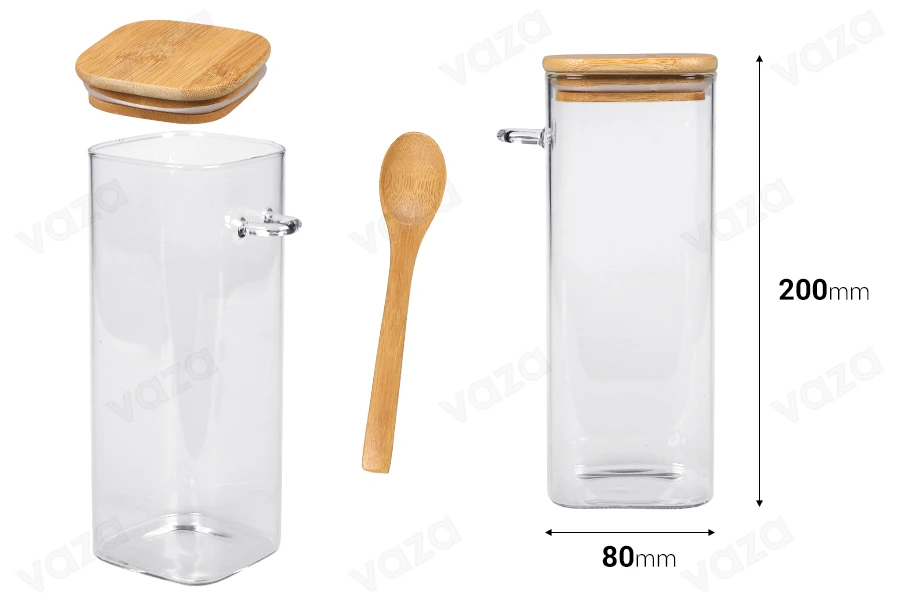 Βάζο 900 ml γυάλινο, τετράγωνο 80x200 mm με κουταλάκι και ξύλινο καπάκι Βάζο 900 ml γυάλινο, τετράγωνο 80x200 mm με κουταλάκι και ξύλινο καπάκι-εικόνα_διαστάσεις