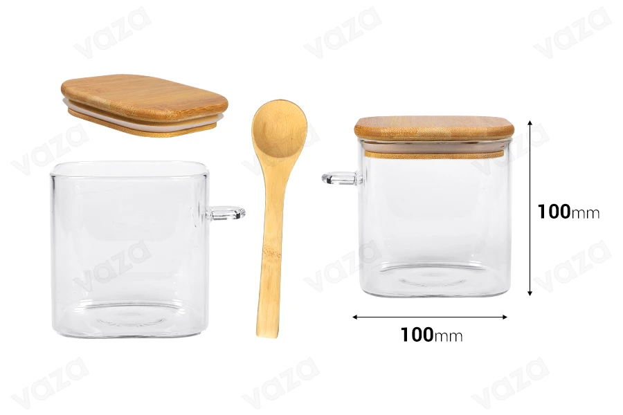 Barattolo in vetro da 700 ml, quadrato 100x100 mm con cucchiaio e tappo in legno Barattolo in vetro da 700 ml, quadrato 100x100 mm con cucchiaio e tappo in legno-dimensioni_immagine