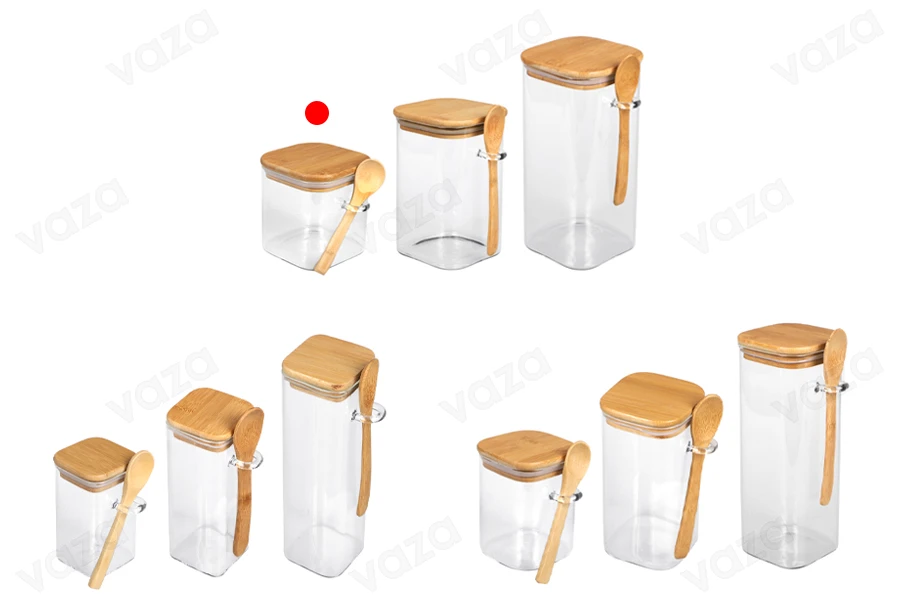 Barattolo in vetro da 700 ml, quadrato 100x100 mm con cucchiaio e tappo in legno Barattolo in vetro da 700 ml, quadrato 100x100 mm con cucchiaio e tappo in legno-gruppo_immagini