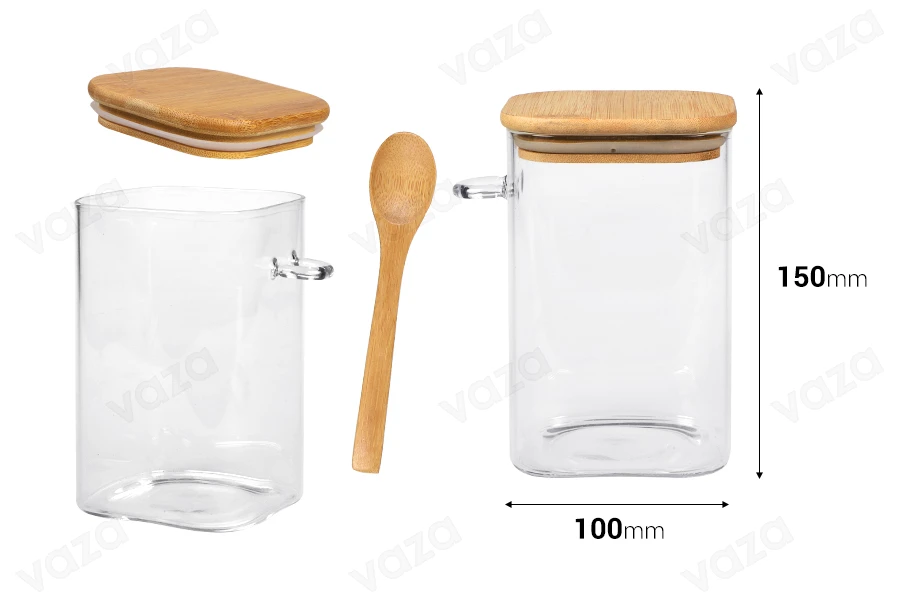 Βάζο 1050 ml γυάλινο, τετράγωνο 100x150 mm με κουταλάκι και ξύλινο καπάκι Βάζο 1050 ml γυάλινο, τετράγωνο 100x150 mm με κουταλάκι και ξύλινο καπάκι-εικόνα_διαστάσεις