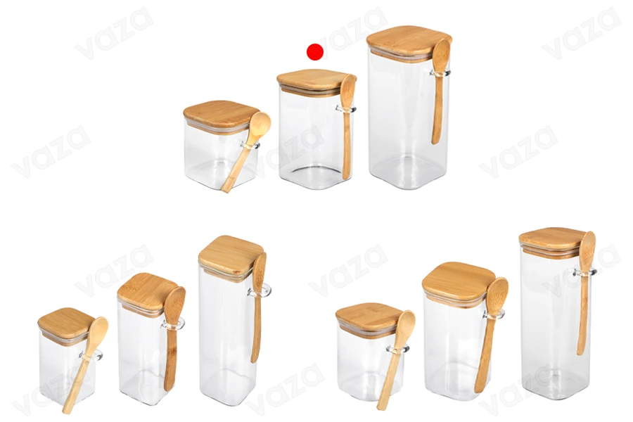 Βάζο 1050 ml γυάλινο, τετράγωνο 100x150 mm με κουταλάκι και ξύλινο καπάκι Βάζο 1050 ml γυάλινο, τετράγωνο 100x150 mm με κουταλάκι και ξύλινο καπάκι-εικόνα_σύνθεση