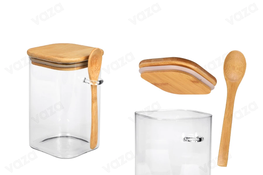 Βάζο 1050 ml γυάλινο, τετράγωνο 100x150 mm με κουταλάκι και ξύλινο καπάκι Βάζο 1050 ml γυάλινο, τετράγωνο 100x150 mm με κουταλάκι και ξύλινο καπάκι-εικόνα_προϊοντική