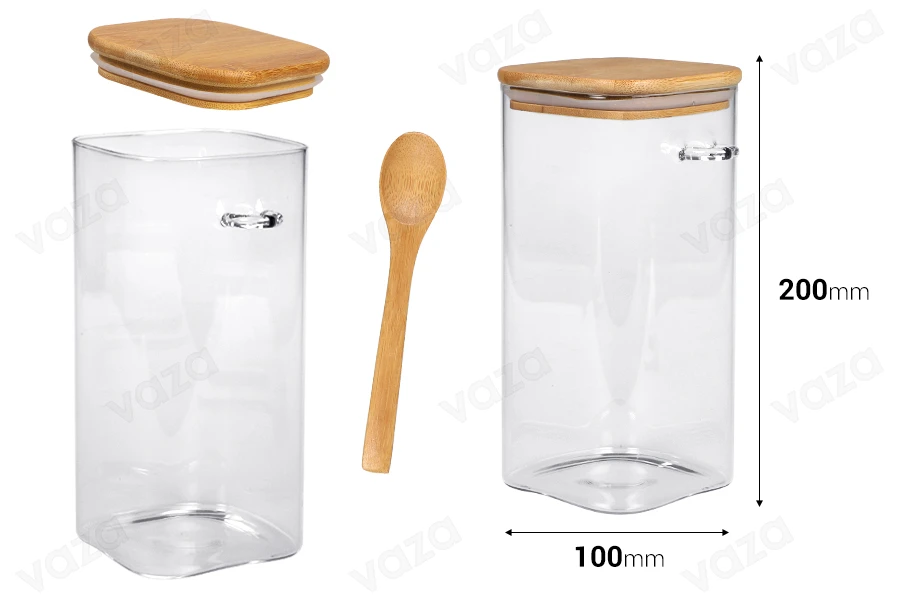 Pot carré en verre de 1550ml 100 x 150 mm avec cuillère et couvercle en bois-εικόνα_διαστάσεις