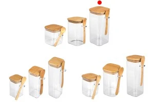Βάζο 1550 ml γυάλινο, τετράγωνο 100x200 mm με κουταλάκι και ξύλινο καπάκι-6
