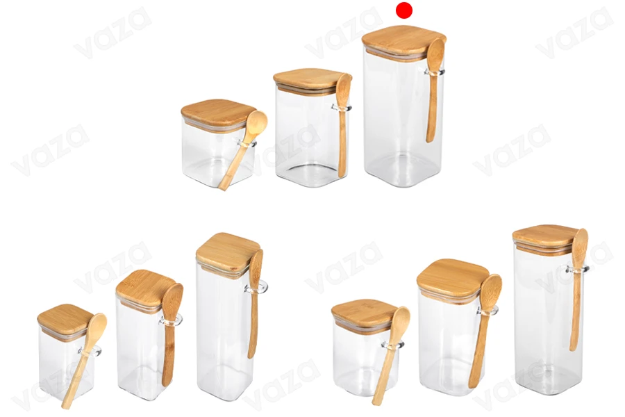 Pot carré en verre de 1550ml 100 x 150 mm avec cuillère et couvercle en bois-εικόνα_σύνθεση