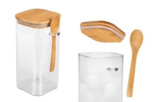 Βάζο 1550 ml γυάλινο, τετράγωνο 100x200 mm με κουταλάκι και ξύλινο καπάκι-1