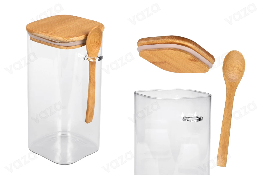 Pot carré en verre de 1550ml 100 x 150 mm avec cuillère et couvercle en bois-εικόνα_προϊοντική