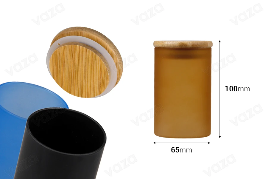 Βαζάκι γυάλινο 65x100 mm με ξύλινο καπάκι και λάστιχο σε διάφορα ματ χρώματα-εικόνα_διαστάσεις