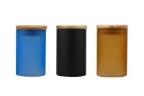 Glass jar with rubber sealed wooden lid in different matte colors, in size 65x100 mm