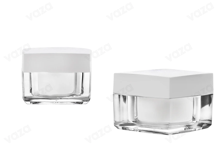 Vasetto di lusso quadrato per crema da 30 ml, in acrilico con coperchio bianco, con sottotappo interno nel coperchio e plastica nel vasetto.-immagine_prodotto
