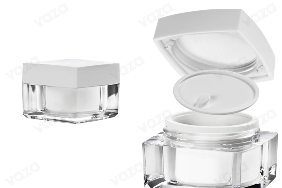 Vasetto di lusso quadrato per crema da 30 ml, in acrilico con coperchio bianco, con sottotappo interno nel coperchio e plastica nel vasetto.-gruppo_immagini
