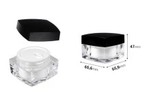 Pot carré de luxe pour crème de 50ml en acrylique avec couvercle noir, avec joint intérieur sur le couvercle et plastique sur le pot Pot carré de luxe pour crème de 50ml en acrylique avec couvercle noir, avec joint intérieur sur le couvercle et plastique sur le pot