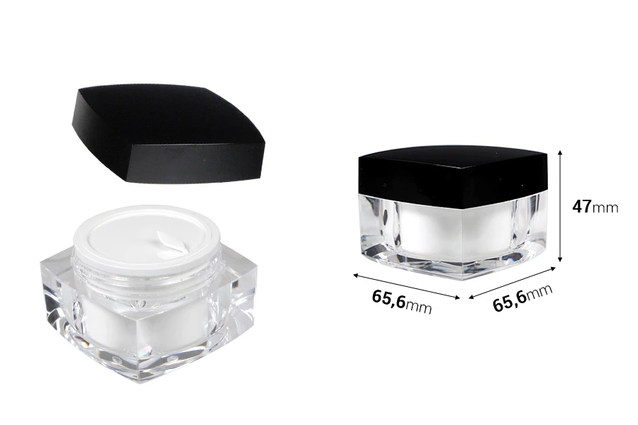 Pot carré de luxe pour crème de 50ml en acrylique avec couvercle noir, avec joint intérieur sur le couvercle et plastique sur le pot Pot carré de luxe pour crème de 50ml en acrylique avec couvercle noir, avec joint intérieur sur le couvercle et plastique sur le pot